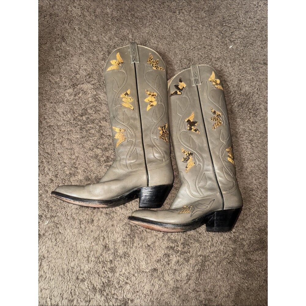 Vintage Dan Post Cowboy Boots Size 7A Gray Leather Snakeskin Inlay